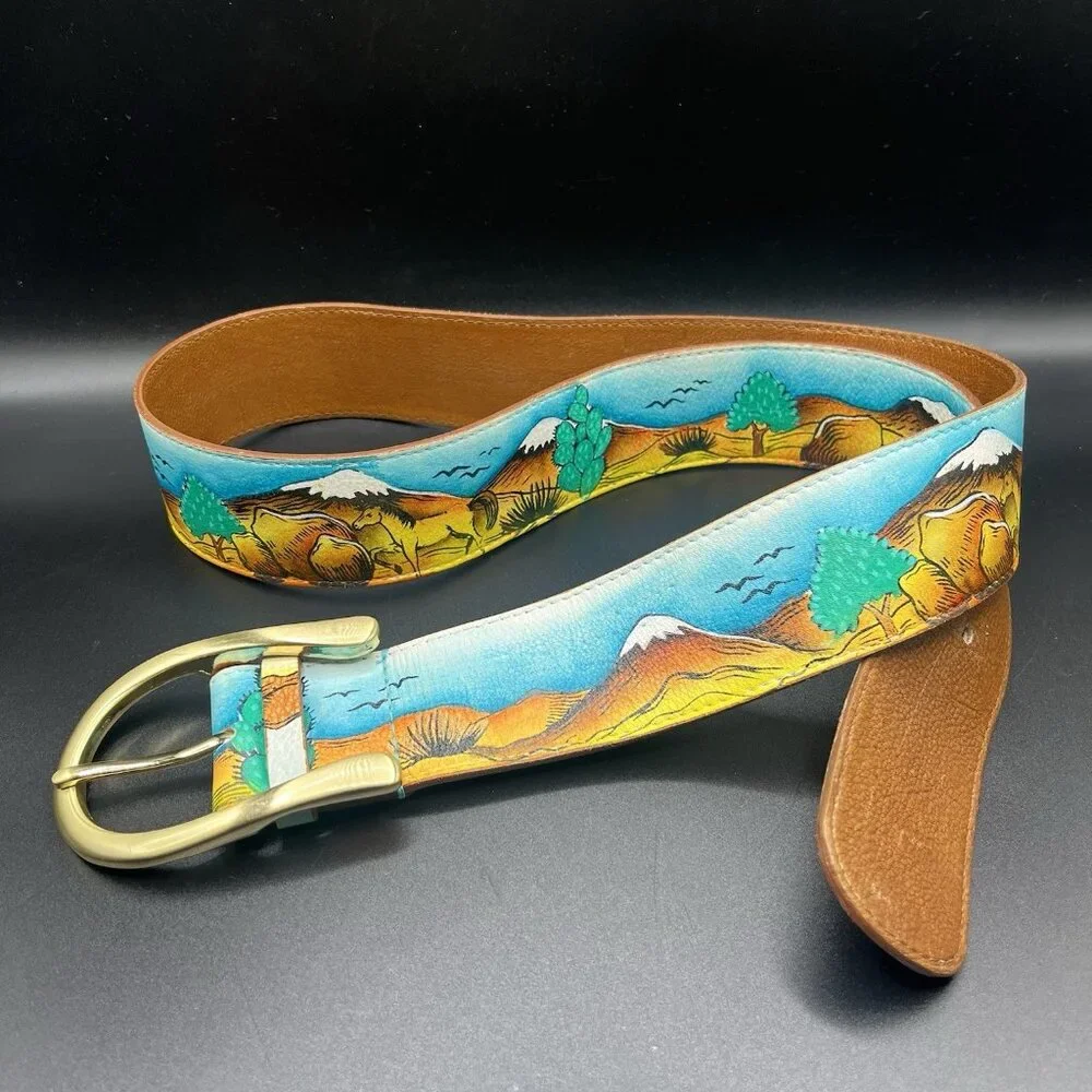 VTG 90s Hand Painted Leather Belt Southwestern Desert Horse Cowgirl L/XL Western